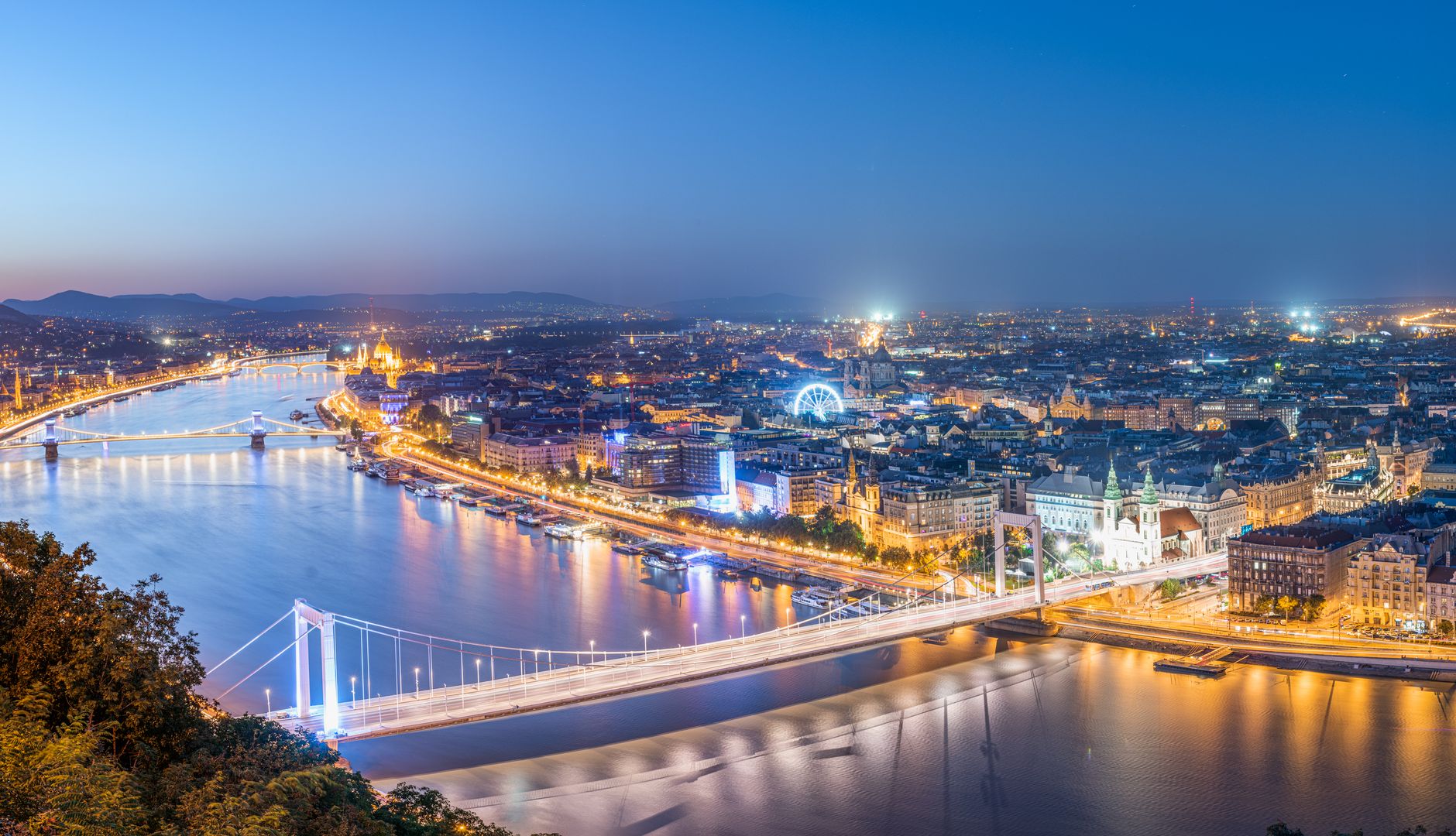 Budapest and the Danube illuminated at blue hour